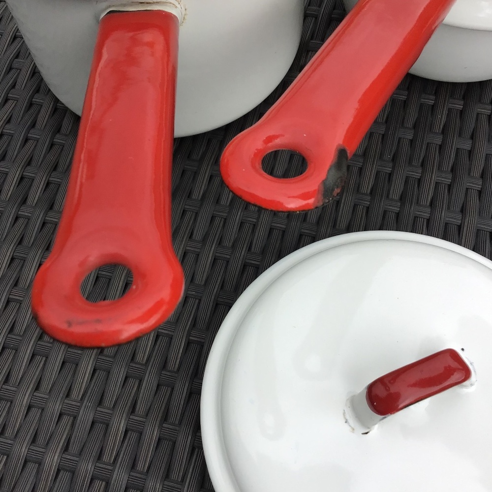 Vintage Enamelware Double Boiler White Red 3 Piece Set Farmhouse - Picture 4 of 15
